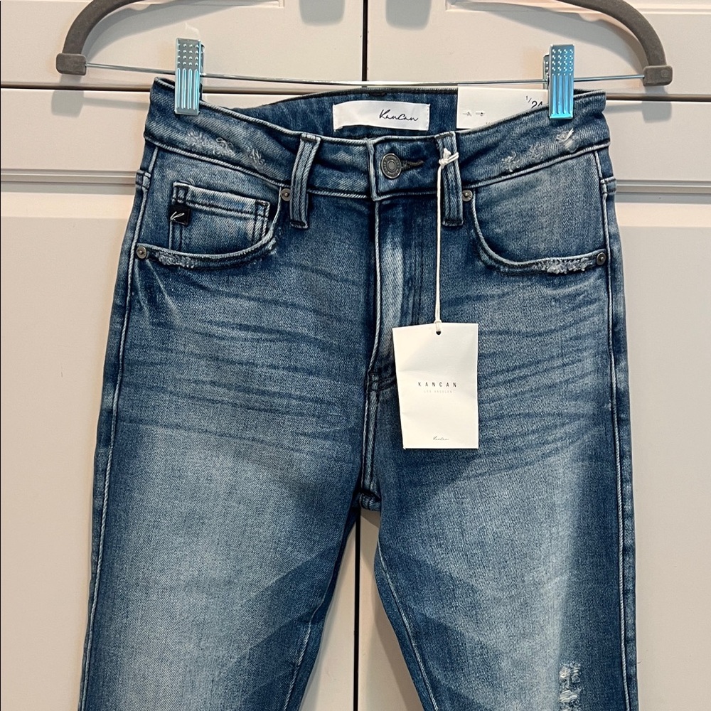 KanCan Dark Blue High-Rise Flare Jeans with Frayed Hem 24/32 - Picture 3 of 13